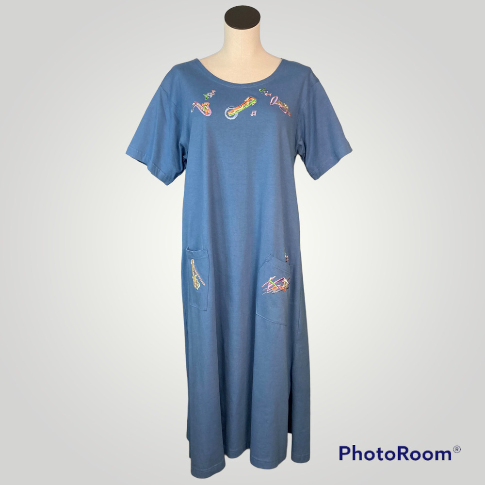 VINTAGE Tia Designs Mardi Gras Musical Instruments Colonial Blue Shift Dress L